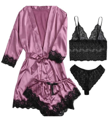 Set Pijama Satin Lila 4 Piese