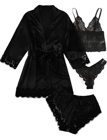 Set Pijama Satin Negru 4 Piese