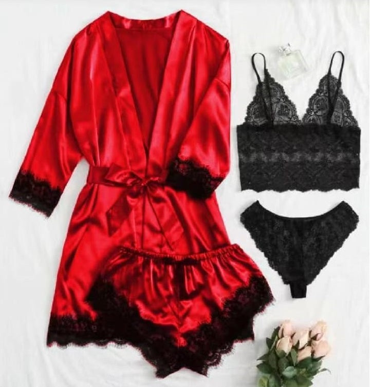 Set Pijama Satin Rosu Foc 3 Piese