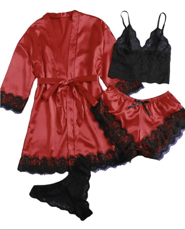 Set Pijama Satin Bordo 4 Piese