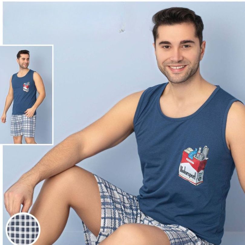 Pijama Barbati Vara – Set Maiou si Pantaloni Scurti din Bumbac | COD 7045-PJ