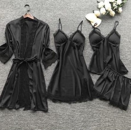 Set Pijama Satin Negru 4 Piese Rochie