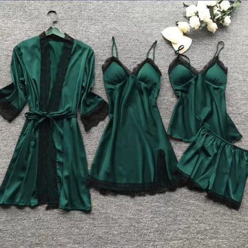 Set Pijama Satin Verde 4 Piese Rochie