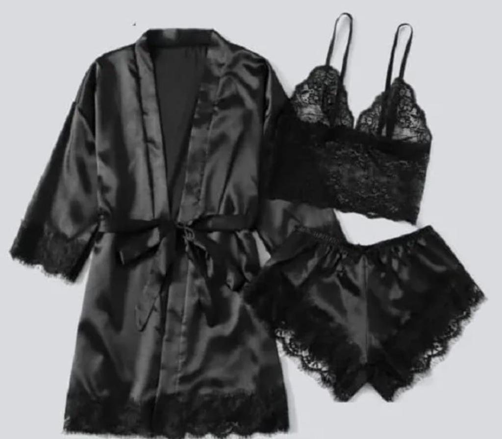 Set Pijama Satin Negru 3 Piese