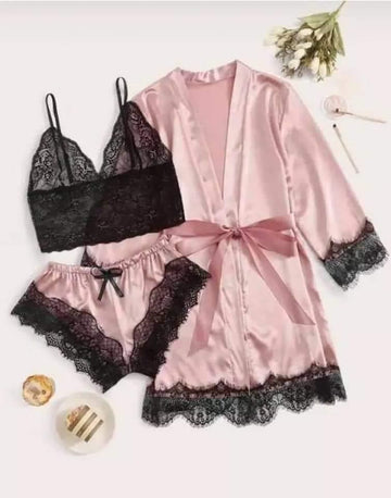 Set Pijama Satin Roz Pudra 3 Piese