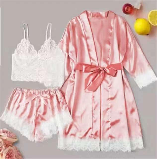 Set Pijama Satin Roz Siclam 3 Piese