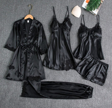 Set Pijama Satin Negru 5 Piese