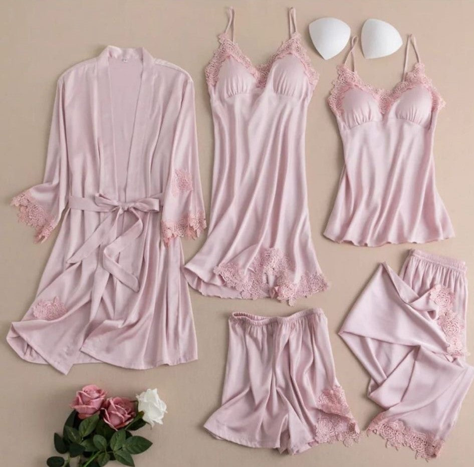 Set Pijama Satin Roz - 5 Piese