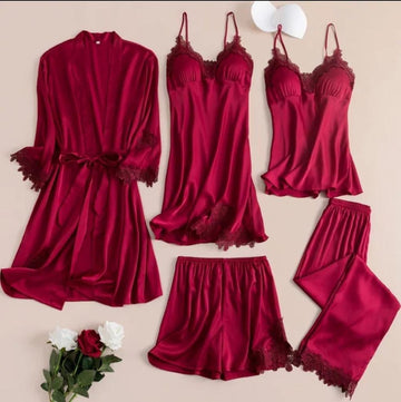 Set Pijama Satin Roșu - 5 Piese