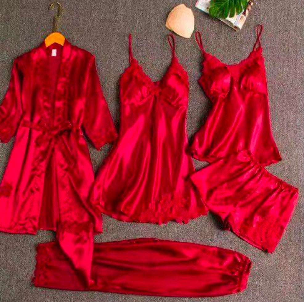 Set Pijama Satin Roșu - 5 Piese