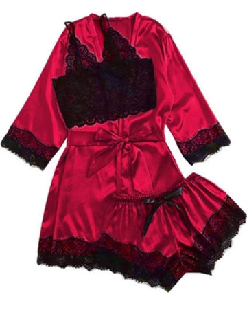 Set Pijama Satin Bordo 4 Piese