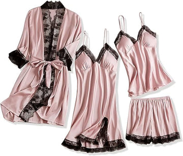 Set Pijama Satin Roz 4 Piese