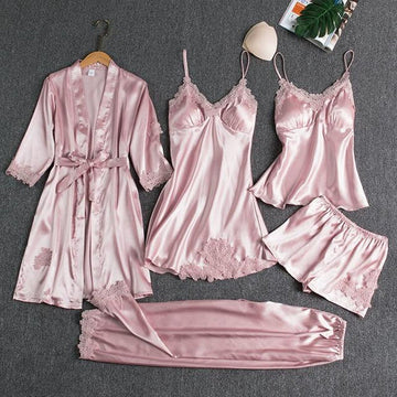 Set Pijama Satin Roz 5 Piese